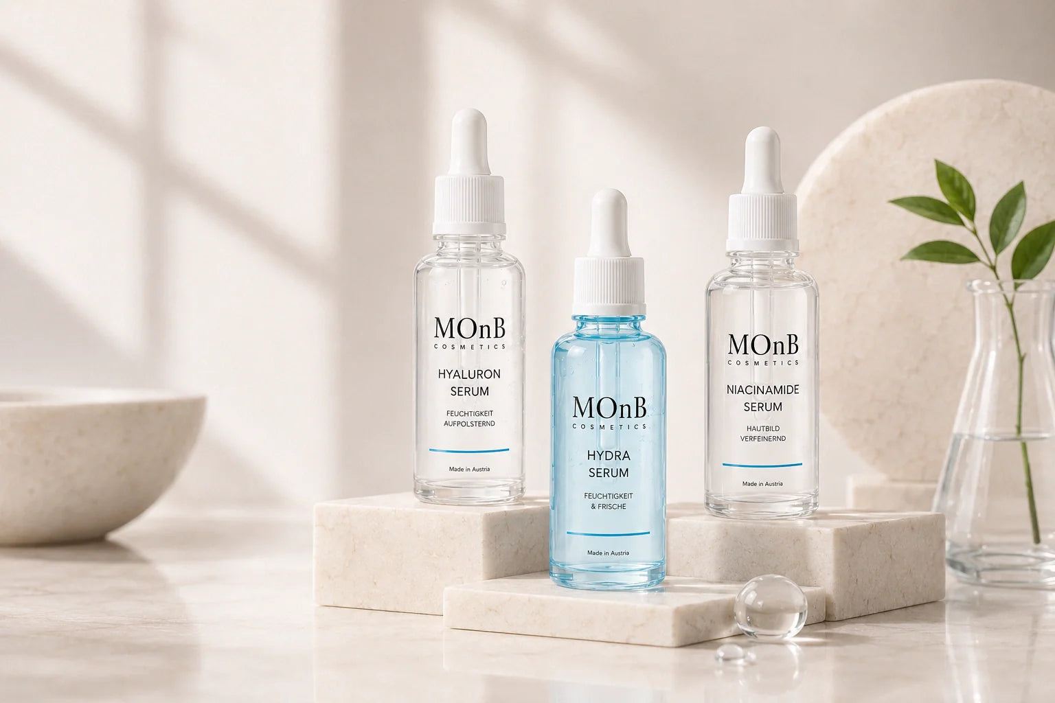 MOnB Seren Kategorie mit Hyaluron Serum, Hydra Serum und Niacinamide Serum in heller Premium-Skincare-Inszenierung.