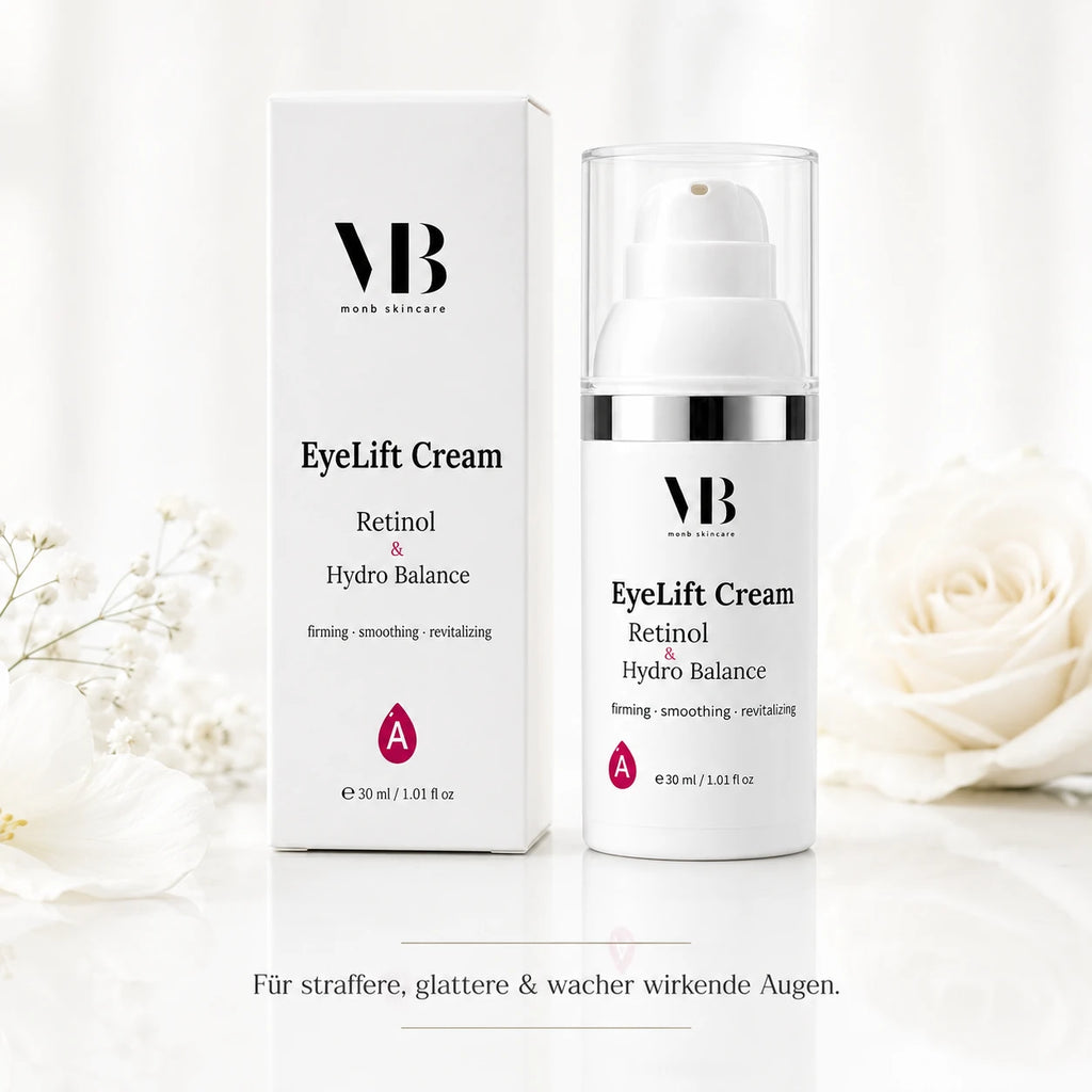 MOnB EyeLift Cream Retinol & Hydro Balance als hochwertiges Produktbild mit Flasche und Verpackung.