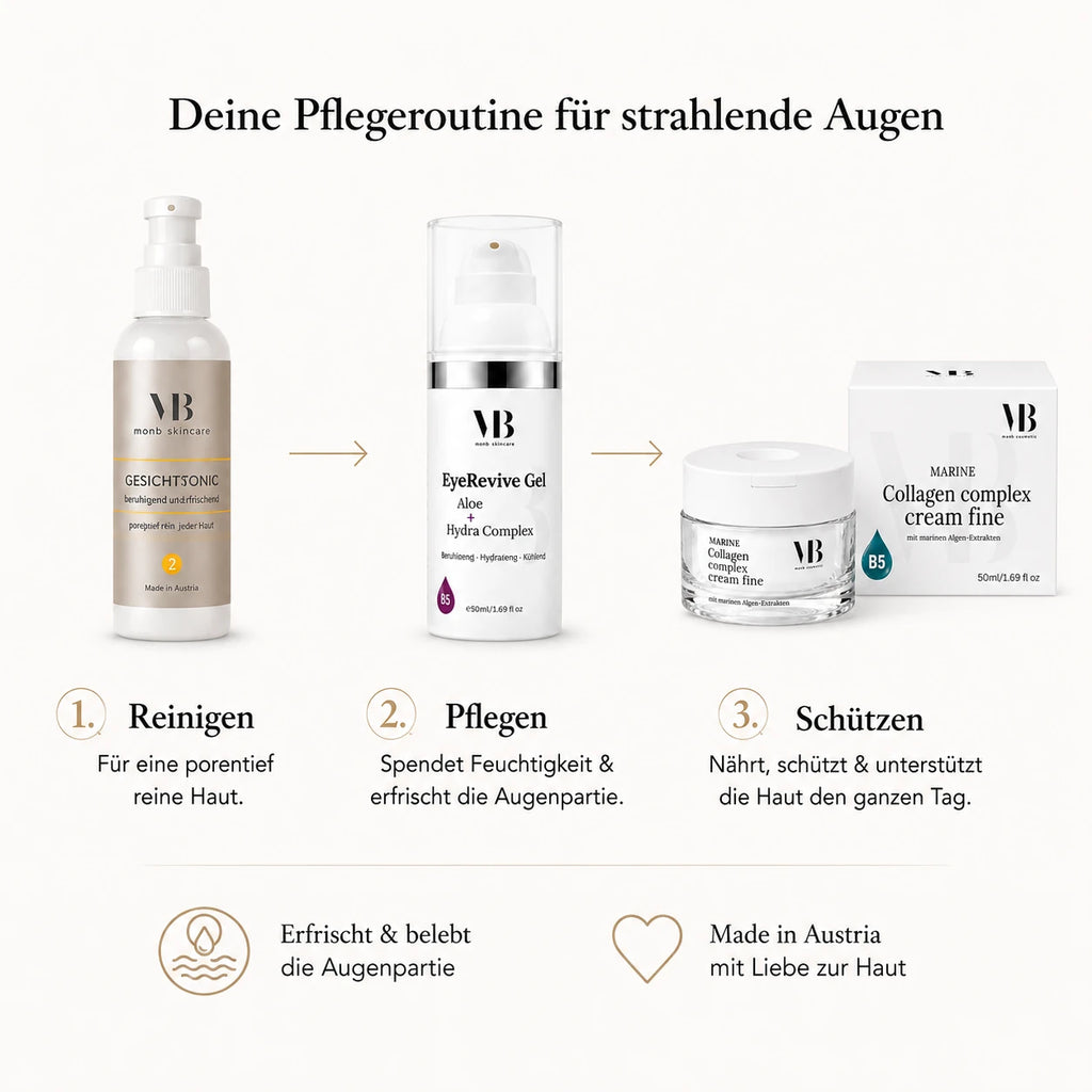 MOnB Pflegeroutine mit Gesichtstonic, EyeRevive Gel Aloe & Hydra Complex und Marine Collagen Complex Cream Fine.