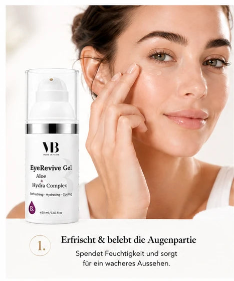 Frau trägt das MOnB EyeRevive Gel Aloe & Hydra Complex sanft unter dem Auge auf.