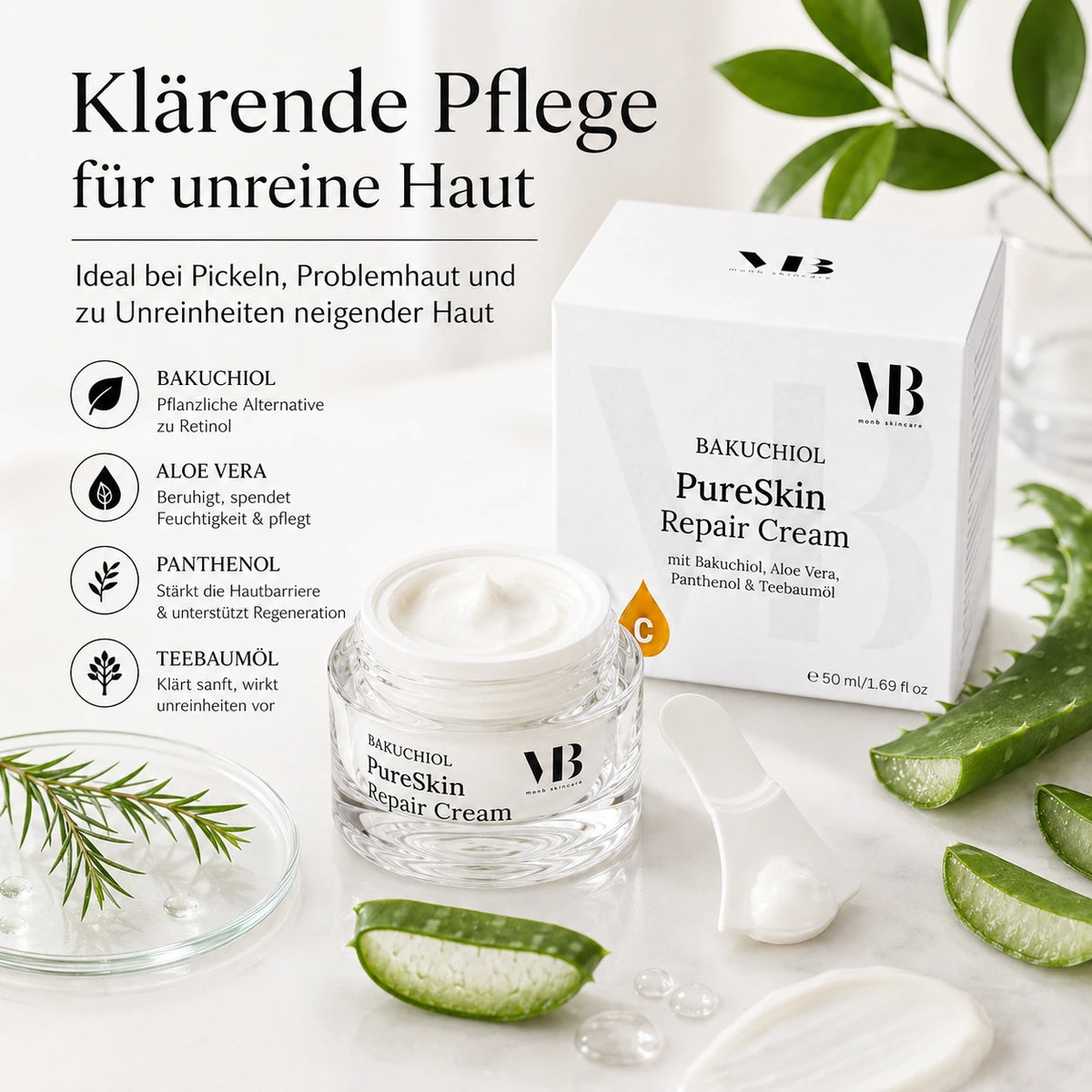 MOnB Bakuchiol PureSkin Repair Cream mit Bakuchiol, Aloe Vera, Panthenol und Teebaumöl als klärende Pflege für unreine Haut