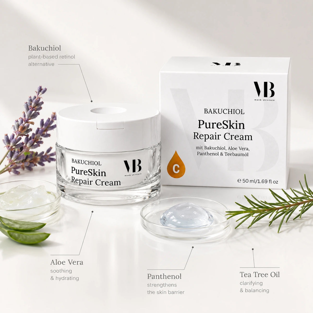 MOnB Bakuchiol PureSkin Repair Cream mit Bakuchiol, Aloe Vera, Panthenol und Teebaumöl als Wirkstoffbild für unreine und problematische Haut
