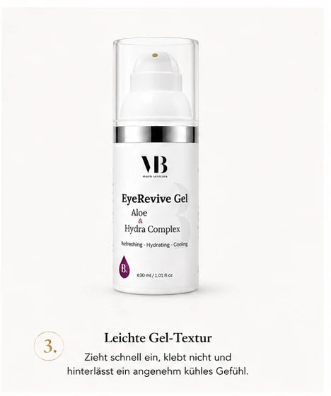 MOnB EyeRevive Gel Aloe & Hydra Complex im weißen Airless-Spender mit leichter, erfrischender Gel-Textur.
