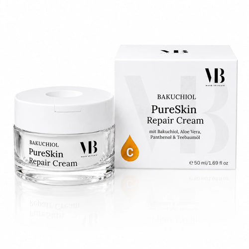 MOnB Bakuchiol PureSkin Repair Cream im Tiegel mit weißer Produktbox als Pflege für unreine und zu Pickeln neigende Haut