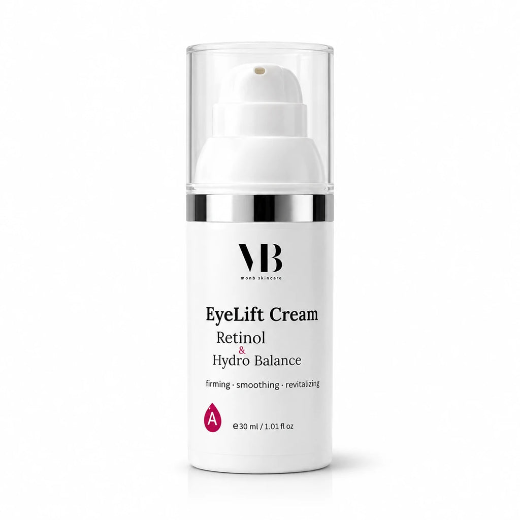 MOnB EyeLift Cream Retinol & Hydro Balance im weißen Airless-Spender mit transparentem Deckel.