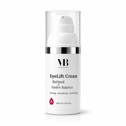 MOnB EyeLift Cream Retinol & Hydro Balance im weißen Airless-Spender mit transparentem Deckel.