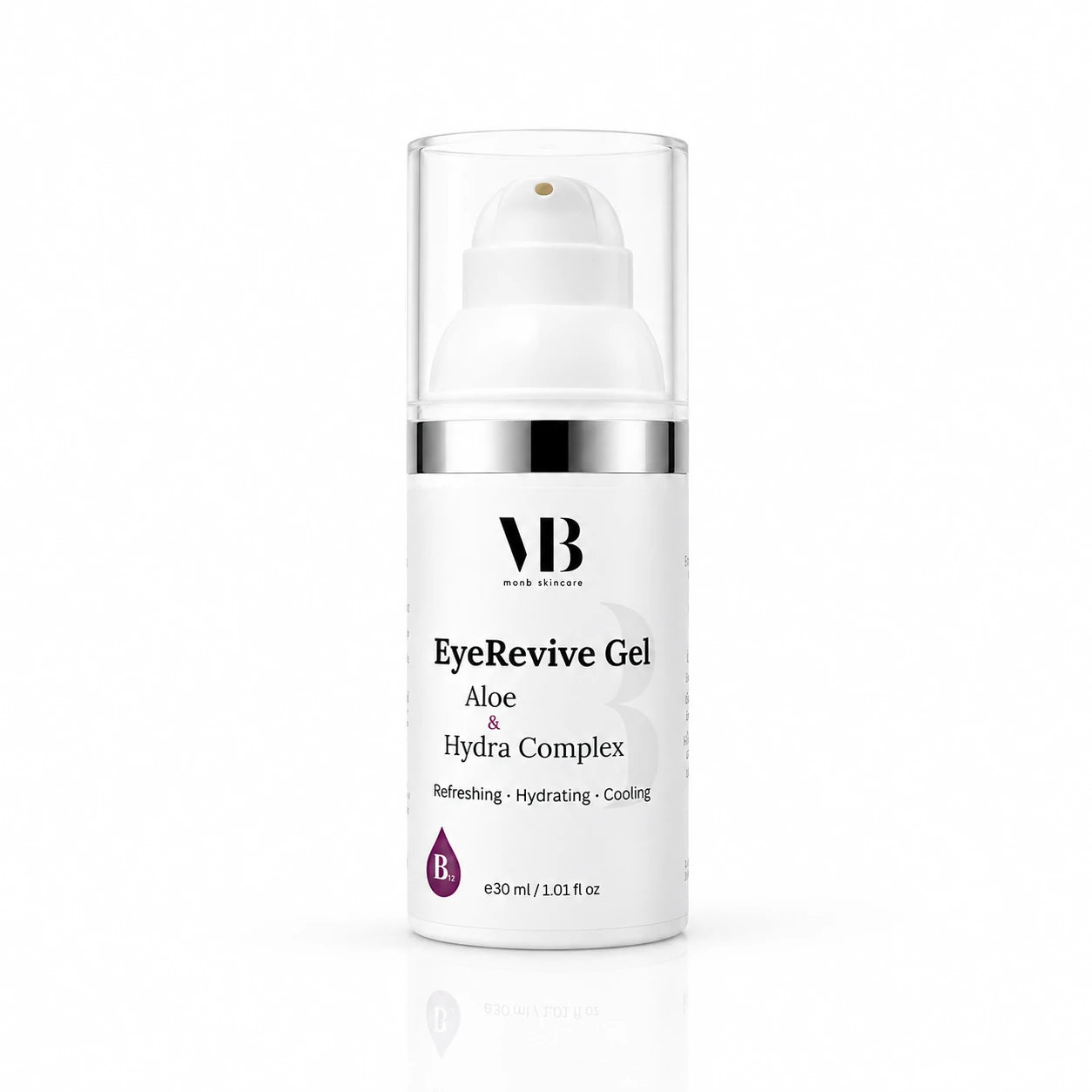 MOnB EyeRevive Gel Aloe & Hydra Complex im hochwertigen Skincare-Packshot mit weißem Airless-Spender und transparentem Deckel.