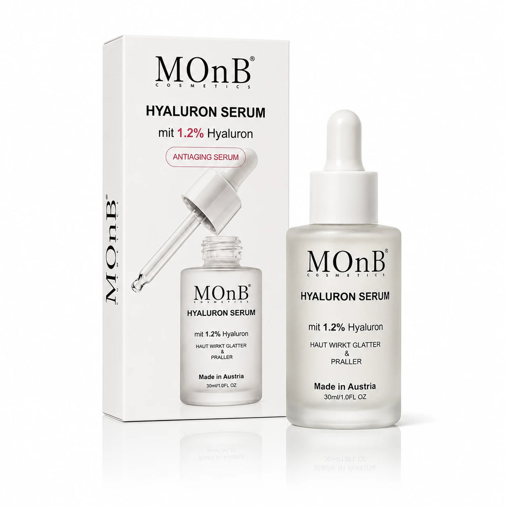 MOnB Hyaluron Serum 1,2 Prozent Made in Austria Produktbild mit Verpackung und Serumflasche