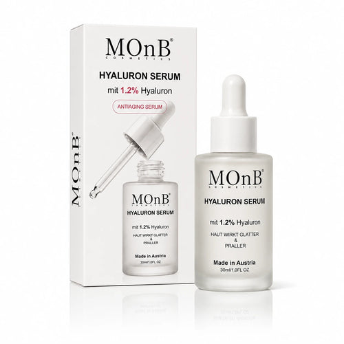 MOnB Hyaluron Serum 1,2 Prozent Made in Austria Produktbild mit Verpackung und Serumflasche