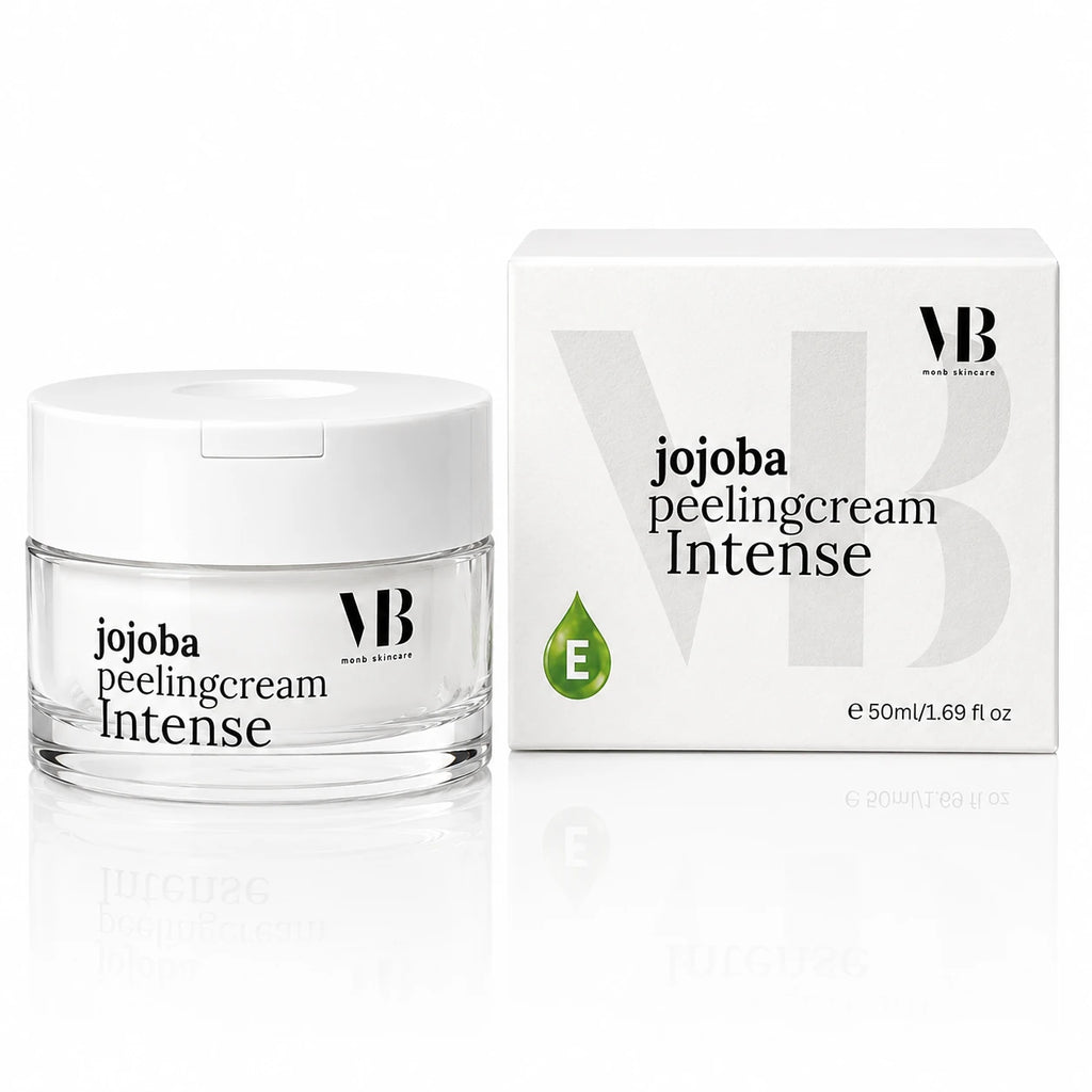 MOnB Jojoba Peelingcreme Intense im weißen Tiegel mit Verpackung, eine pflegende Peelingcreme mit Jojobaöl und Vitamin E.