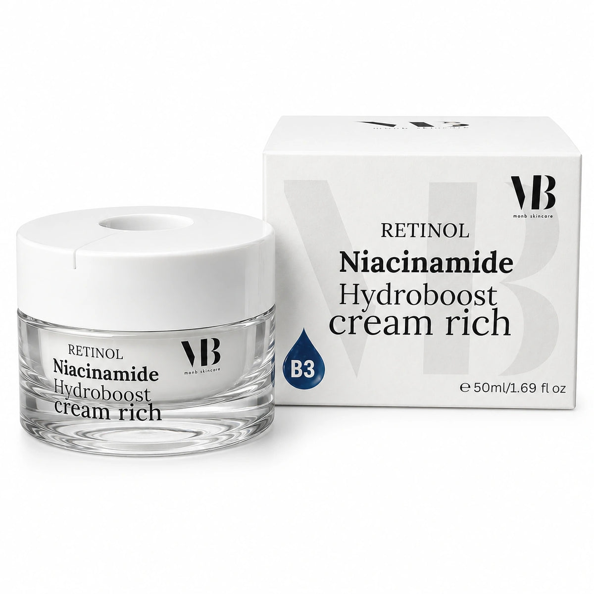 MOnB Retinol Niacinamide Hydroboost Cream Rich im Tiegel mit weißer Produktbox als reichhaltige Gesichtspflege mit Niacinamide und Hydroboost-Effekt