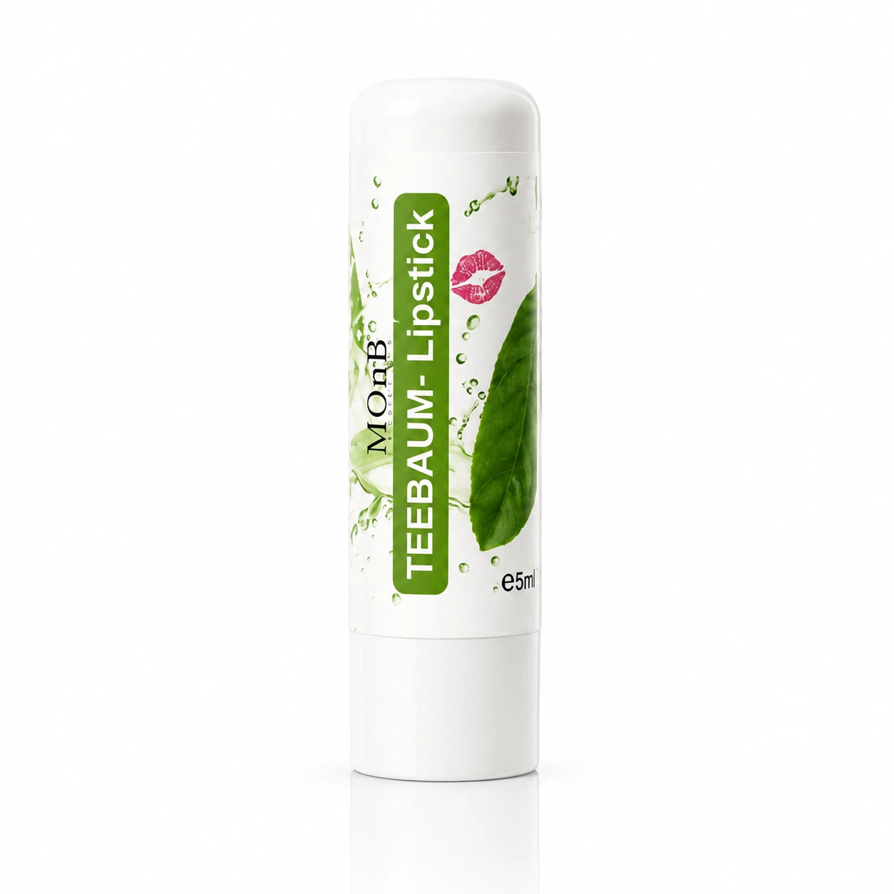 MOnB Teebaum Lippenpflegestift im weißen Stick mit grüner Teebaum-Optik für die tägliche Lippenpflege.