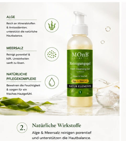 MOnB Reinigungsgel mit Alge und Meersalz in frischer Skincare-Inszenierung mit natürlichen Meeres-Elementen.