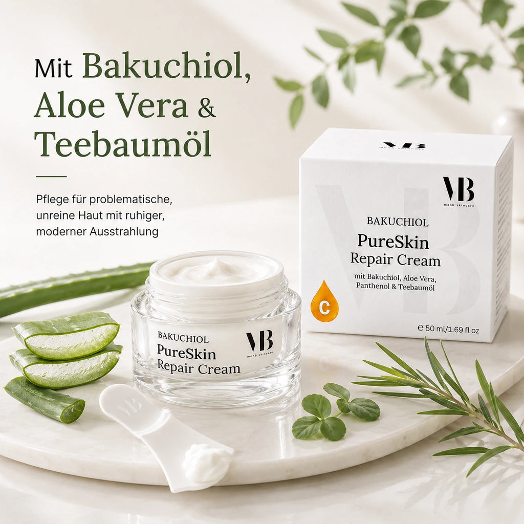 MOnB Bakuchiol PureSkin Repair Cream mit Aloe Vera, Teebaumöl und pflegender Creme-Textur für problematische und zu Unreinheiten neigende Haut