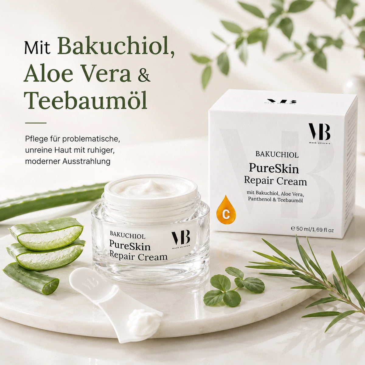 MOnB Bakuchiol PureSkin Repair Cream mit Aloe Vera, Teebaumöl und pflegender Creme-Textur für problematische und zu Unreinheiten neigende Haut