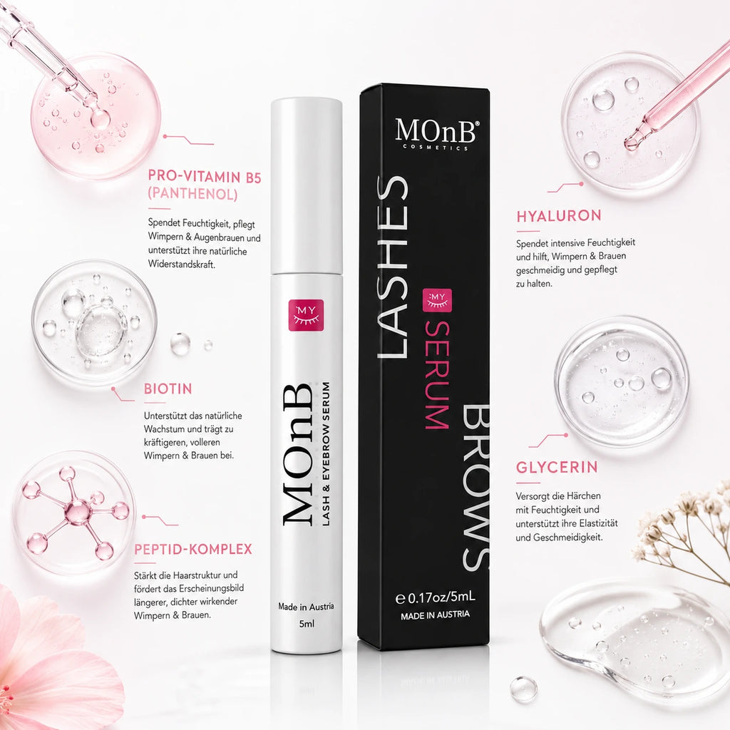 MOnB Lash & Eyebrow Serum mit Pro-Vitamin B5, Biotin, Peptid-Komplex und Hyaluron für gepflegte, voller wirkende Wimpern und Augenbrauen