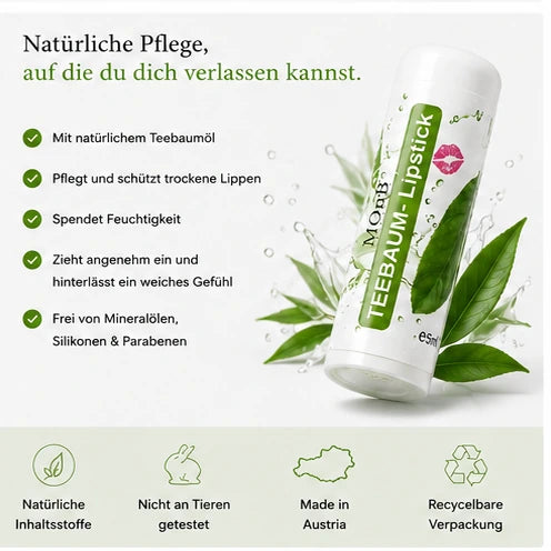 MOnB Teebaum Lippenpflegestift mit pflegenden Eigenschaften für trockene und beanspruchte Lippen.