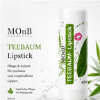 MOnB Teebaum Lippenpflegestift mit natürlichem Teebaumöl in frischer grüner Skincare-Inszenierung.