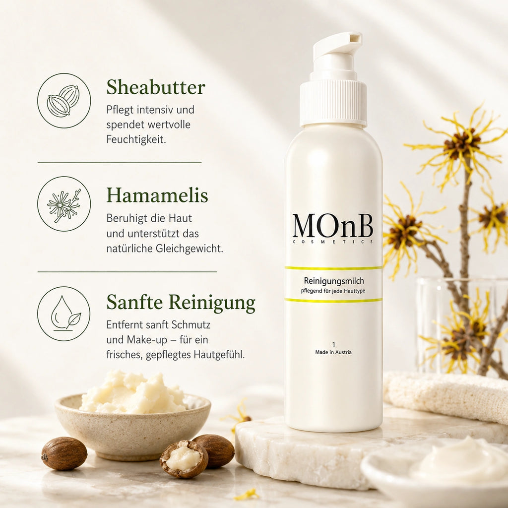 MOnB Reinigungsmilch mit Sheabutter, Hamamelis und sanfter Reinigungswirkung für ein gepflegtes Hautgefühl.