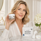 Frau mit MOnB Retinol Niacinamide Hydroboost Cream Rich im Badezimmer als reichhaltige Gesichtspflege für ein glatteres und gepflegtes Hautbild