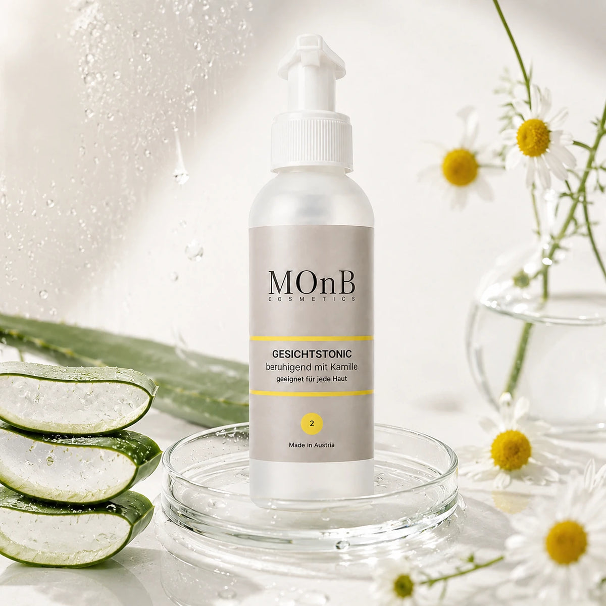 MOnB Gesichtstonic mit Kamille in heller Skincare-Inszenierung mit Wasser, Aloe-Vera-Elementen und frischer Pflegeatmosphäre.