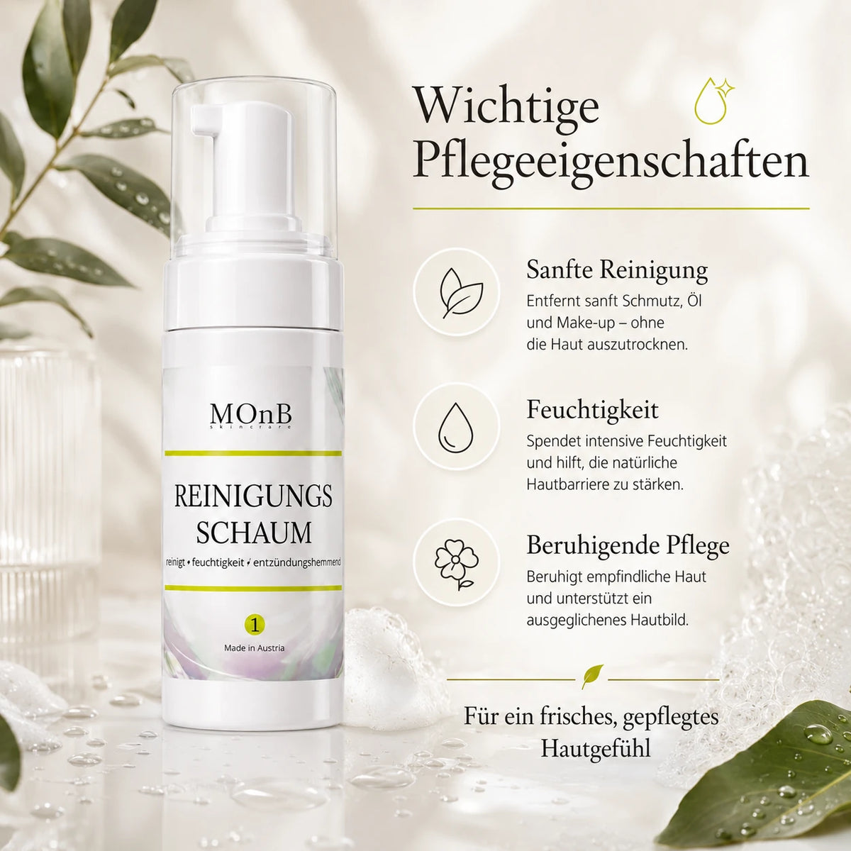 MOnB Reinigungsschaum mit Pflegeeigenschaften für sanfte Reinigung, Feuchtigkeit und ein frisches gepflegtes Hautgefühl.