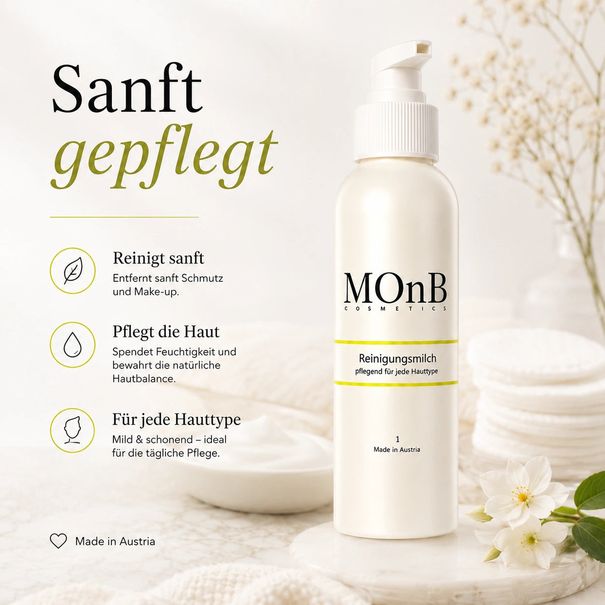 MOnB Reinigungsmilch mit Vorteilen: reinigt sanft, pflegt die Haut und eignet sich für jede Hauttype.
