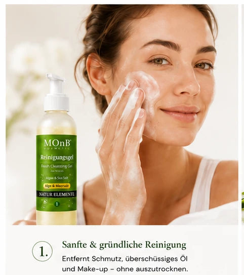 Frau reinigt ihr Gesicht mit dem MOnB Reinigungsgel Fresh Cleansing Gel Sensitive.