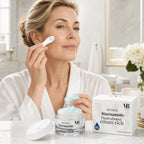 Frau trägt MOnB Retinol Niacinamide Hydroboost Cream Rich mit Spatel auf die Gesichtshaut auf für eine reichhaltige tägliche Pflegeroutine