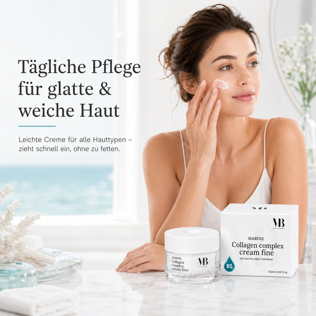 Junge Frau verwendet MOnB Marine Collagen Complex Cream Fine als leichte Tagescreme für glatte, weiche und gepflegte Haut