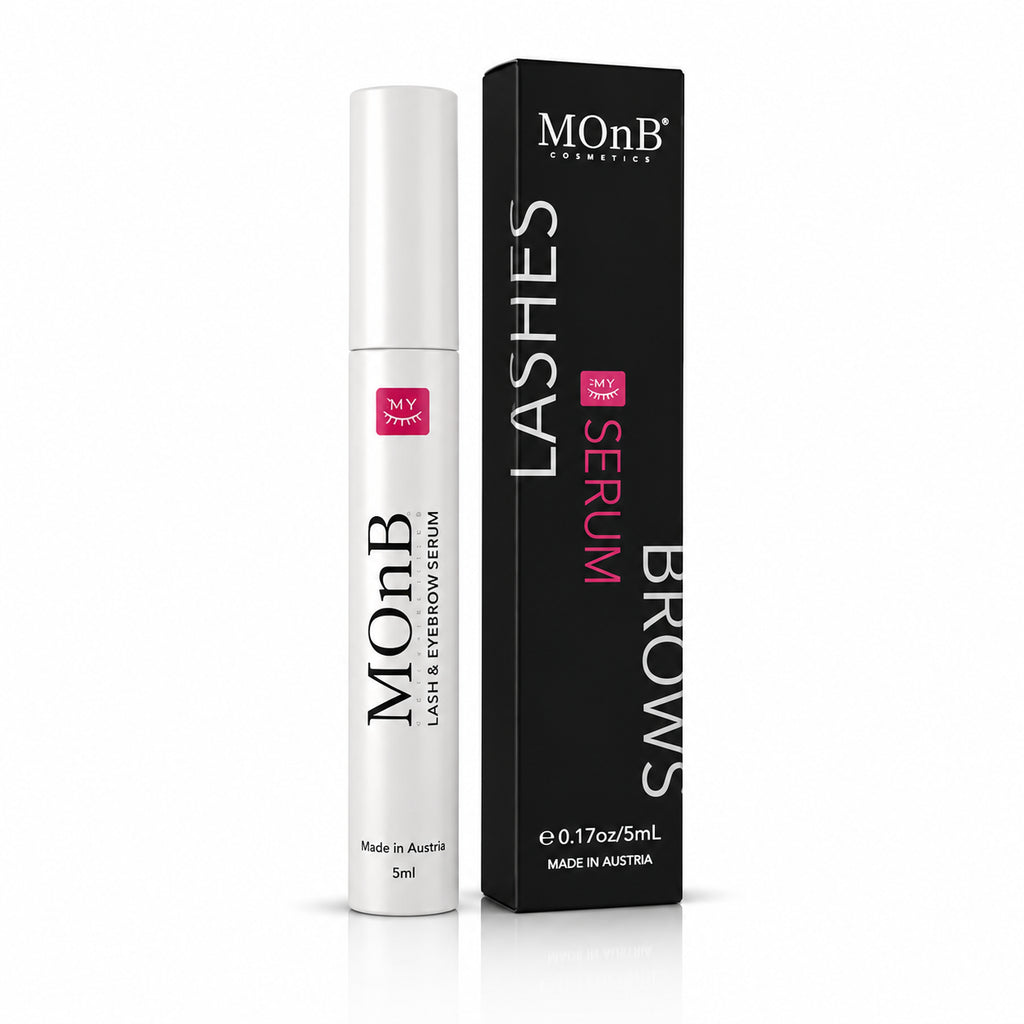 MOnB Lash & Eyebrow Serum mit schwarzer Produktbox auf weißem Hintergrund für gepflegte, voller wirkende Wimpern und Augenbrauen in 14 Tagen