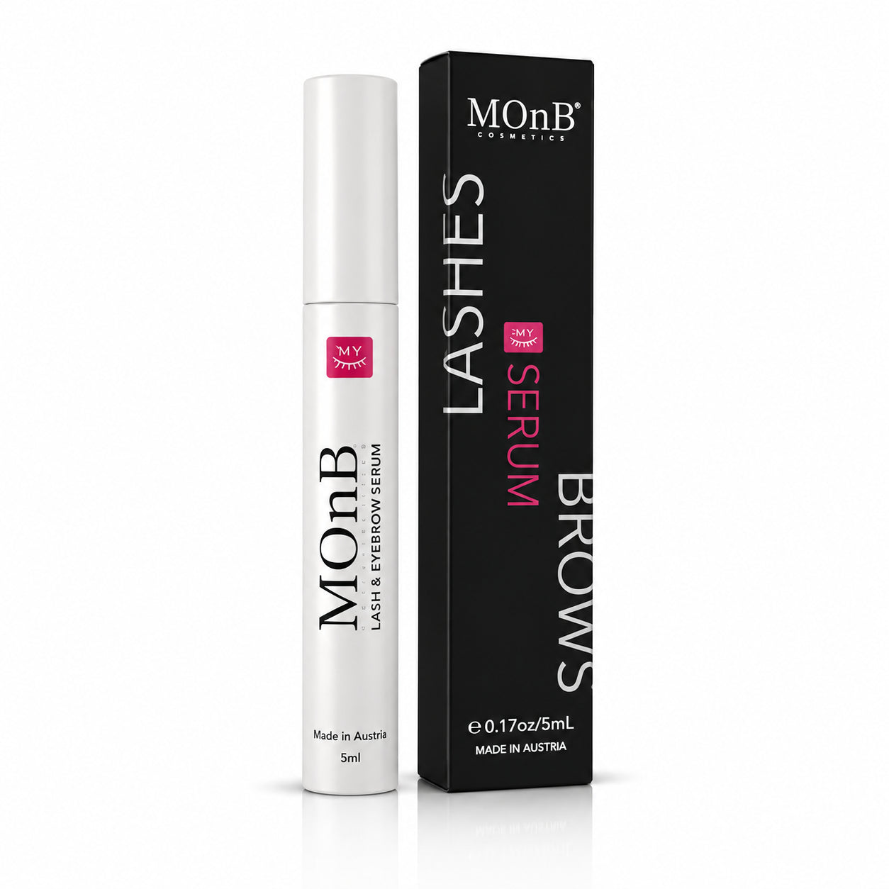 MOnB Lash & Eyebrow Serum mit schwarzer Produktbox auf weißem Hintergrund für gepflegte, voller wirkende Wimpern und Augenbrauen in 14 Tagen
