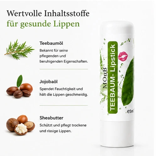 MOnB Teebaum Lippenpflegestift mit Teebaumöl, Jojobaöl, Bisabolol und Propolis für gepflegte Lippen.