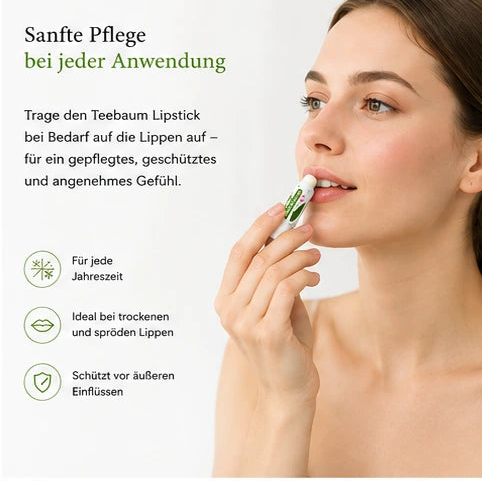MOnB Teebaum Lippenpflegestift mit natürlichem Teebaumöl in frischer grüner Skincare-Inszenierung.